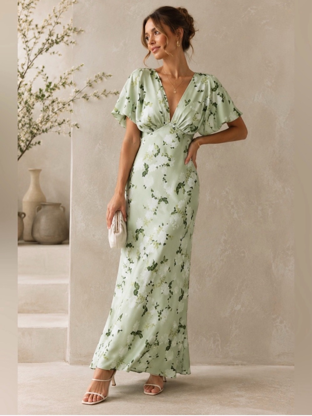 BHLDN Pale Sage Green Floral V-Neck Maxi Dress